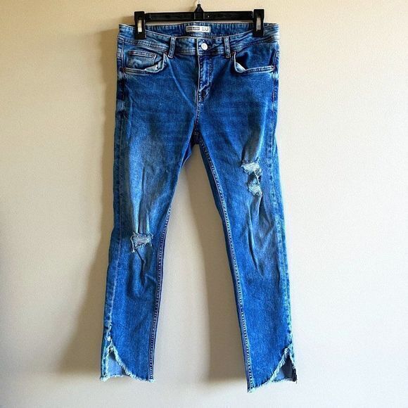 ZARA MID-RISE JEANS WITH‎ RIPPED HEMS CROPPED SKINNY DENIM WOMENS SIZE 8 … - Picture 2 of 9